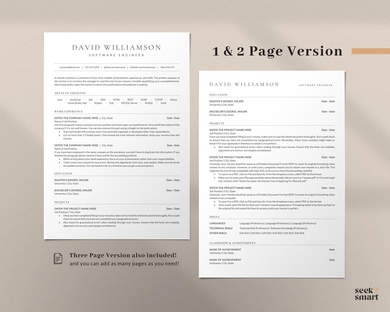 May include: A two-page resume template with a minimalist design. The template features a header with the name "David Williamson" and the title "Software Engineer". The resume includes sections for work experience, education, projects, languages, technical skills, other skills, and leadership & achievements.