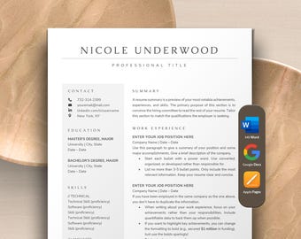 Moderne Lebenslaufvorlage Google Docs, Word, Apple Pages Mac | 1 Seite 2 Seite Lebenslauf Lebenslauf Vorlage | Kreativer minimalistischer sauberer Exekutivlebenslauf