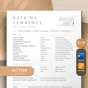 Theatre Resume Template with Headshot & Cover Letter 8x10 Size | Actor Resume Template Acting Resume Actress Resume | Theatre CV Template