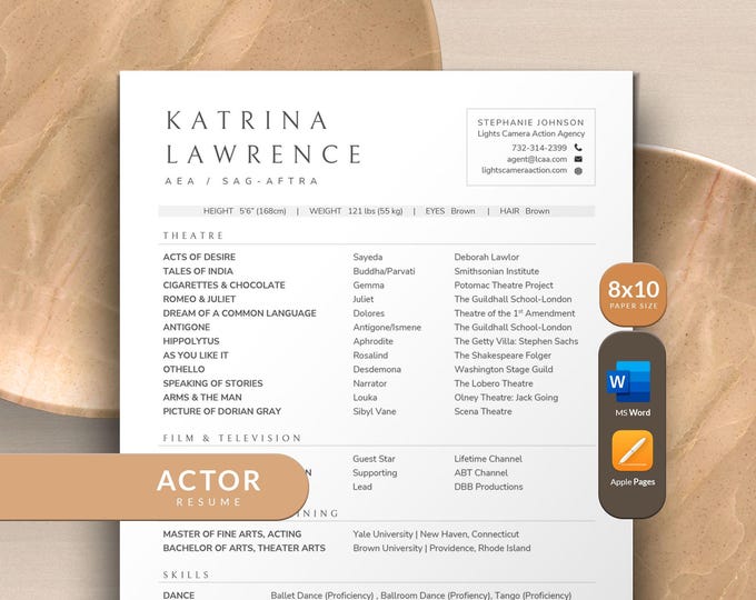 Actor Resume Template / 8 X 10 Acting Resume / Instant Digital Download ...