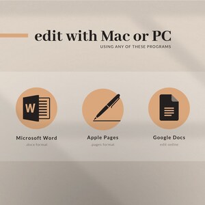 May include: A graphic showing three different programs that can be used to edit documents on a Mac or PC. The programs are Microsoft Word, Apple Pages, and Google Docs. The graphic is in a minimalist style with a light brown background and peach-colored circles.