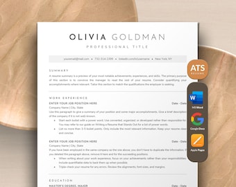 ATS Friendly Resume Template Google Docs Word Apple Pages | ATS Resume Template Modern CV Template, Professional Minimalist Clean Resume