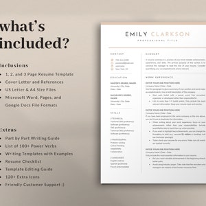 May include: A beige and white resume template with the text "what's included?" and a list of items included in the template. The template is designed for job seekers and includes a cover letter, references, and resume writing tips.