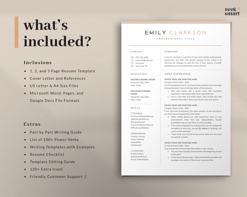 May include: A beige and white resume template with the text "what's included?" and a list of items included in the template. The template is designed for job seekers and includes a cover letter, references, and resume writing tips.