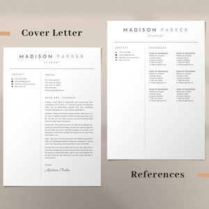 Puede incluir: Una carta de presentaci&oacute;n y una p&aacute;gina de referencias en blanco y negro para una solicitud de empleo. La carta de presentaci&oacute;n est&aacute; dirigida a la Sra. Johnson y est&aacute; firmada por Madison Parker. La p&aacute;gina de referencias enumera el nombre, el puesto, la empresa, el n&uacute;mero de tel&eacute;fono y la direcci&oacute;n de correo electr&oacute;nico de tres referencias.