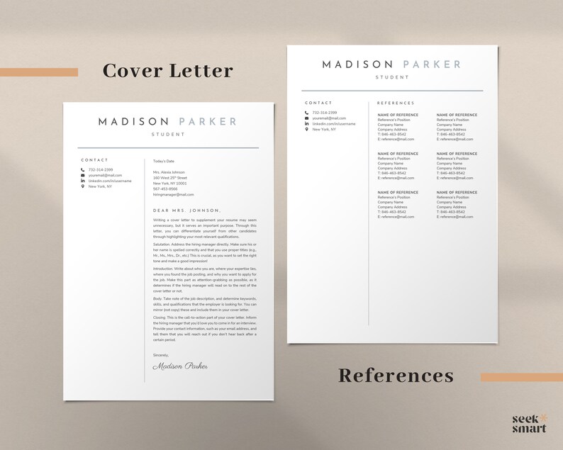 Puede incluir: Una carta de presentaci&oacute;n y una p&aacute;gina de referencias en blanco y negro para una solicitud de empleo. La carta de presentaci&oacute;n est&aacute; dirigida a la Sra. Johnson y est&aacute; firmada por Madison Parker. La p&aacute;gina de referencias enumera el nombre, el puesto, la empresa, el n&uacute;mero de tel&eacute;fono y la direcci&oacute;n de correo electr&oacute;nico de tres referencias.
