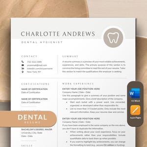 Dental Resume Template Word, Apple Pages Mac | Dentist Resume, Dental Hygienist Resume, Clean Professional Resume for Dental Nurse Assistant