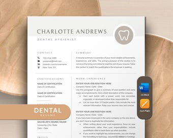 Dental Resume Template Word, Apple Pages Mac | Dentist Resume, Dental Hygienist Resume, Clean Professional Resume for Dental Nurse Assistant