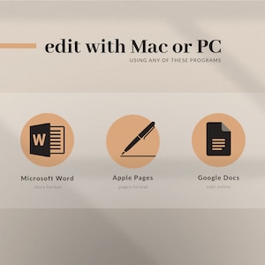 May include: A graphic showing three different programs that can be used to edit documents on a Mac or PC. The programs are Microsoft Word, Apple Pages, and Google Docs. The graphic is in a minimalist style with a beige background and peach-colored circles.