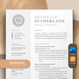 Dental Resume Template for Dental Hygienist, Dentist, Dental Assistant, Dental Nurse | Professional Dentist Resume Template Word Apple Pages