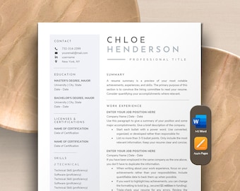 Resume Template, CV Template Word, Apple Pages Resume Template Word | Creative Resume Modern Resume Template | 1 2 Page Executive Resume