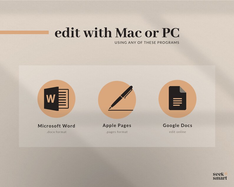 Puede incluir: Un gr&aacute;fico que muestra tres programas diferentes que se pueden usar para editar documentos en una Mac o PC. Los programas son Microsoft Word, Apple Pages y Google Docs. El gr&aacute;fico tiene un estilo minimalista con un fondo marr&oacute;n claro y c&iacute;rculos de color melocot&oacute;n.