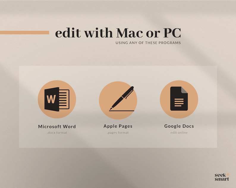 May include: A graphic showing three different programs that can be used to edit documents on a Mac or PC. The programs are Microsoft Word, Apple Pages, and Google Docs. The graphic is in a minimalist style with a light brown background and peach-colored circles.