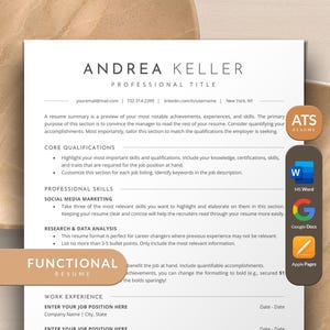 Functional Resume Template, ATS Friendly Skills Based Resume Template Word, Google Docs, Apple Pages | Functional CV Template Skills Resume