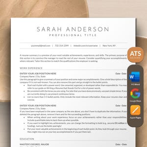 May include: A resume template with a modern design. The template includes sections for work experience, education, and skills. The template is designed to be used with Microsoft Word, Google Docs, and Apple Pages.