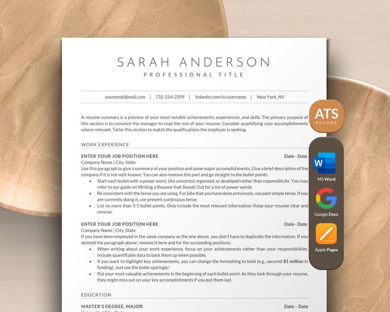 May include: A resume template with a modern design. The template includes sections for work experience, education, and skills. The template is designed to be used with Microsoft Word, Google Docs, and Apple Pages.