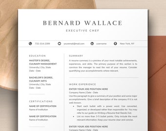 Chef Resume Template Word, Google Docs, Apple Pages Mac | Restaurant Resume CV Template, Hospitality Resume, Executive Chef Resume for Chef