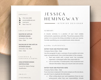 Interior Designer Resume Template Word, Apple Pages Mac | Professional Resume Template for Interior Design, Architecture Resume CV Template