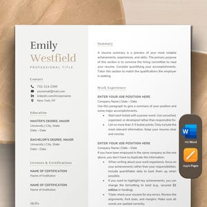 May include: A black and white resume template with the name Emily Westfield at the top. The template includes sections for contact information, education, licenses and certifications, skills, summary, and work experience. The template is designed to be used with Microsoft Word and Apple Pages.