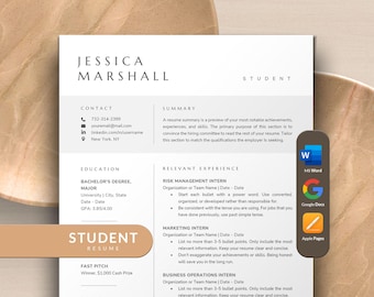 Resume Template Grad School for College Students | Student Resume Template Google Docs, Apple Pages, and Word | College Resume