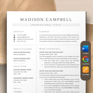 Resume Template Word, Google Docs, Apple Pages Mac | Modern Professional Resume Template CV Template | Minimalist Clean Resume for Executive