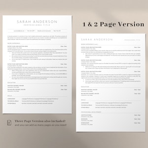 May include: A resume template with a minimalist design, featuring a light brown background and black text. The template includes sections for work experience, education, skills, and professional development. The text "1 & 2 Page Version" is displayed in the top right corner of the page.