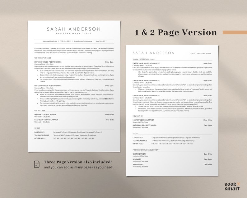 May include: A resume template with a minimalist design, featuring a light brown background and black text. The template includes sections for work experience, education, skills, and professional development. The text "1 & 2 Page Version" is displayed in the top right corner of the page.