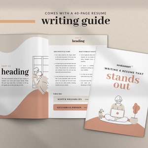 May include: A guide to writing a resume, with a person sitting on a peach-colored surface, working on a laptop with a dog beside them. The text "Writing a resume that stands out" is in a white box with a black border. The text "seek smart" is in a black box with a white border.