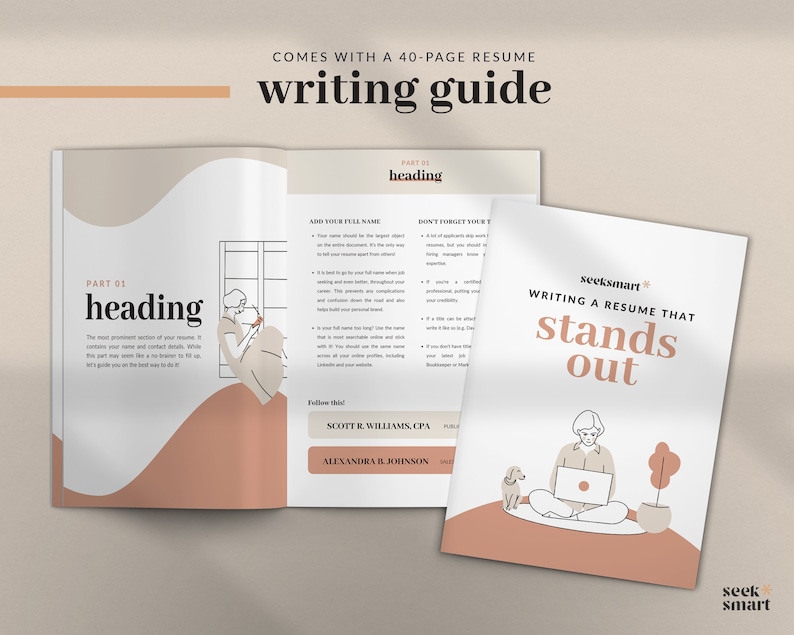 May include: A guide to writing a resume, with a person sitting on a peach-colored surface, working on a laptop with a dog beside them. The text "Writing a resume that stands out" is in a white box with a black border. The text "seek smart" is in a black box with a white border.