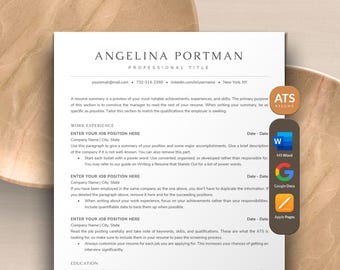 ATS Resume Template Word, Google Docs, Apple Pages Mac | ATS Friendly Resume Template | Ats Professional Resume Clean 1 2 Page CV Template