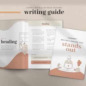 May include: A guide to writing a resume, with a person sitting on a peach-colored surface, working on a laptop with a dog beside them. The text "Writing a resume that stands out" is in a white box with a black border. The text "seek smart" is in a black box with a white border.