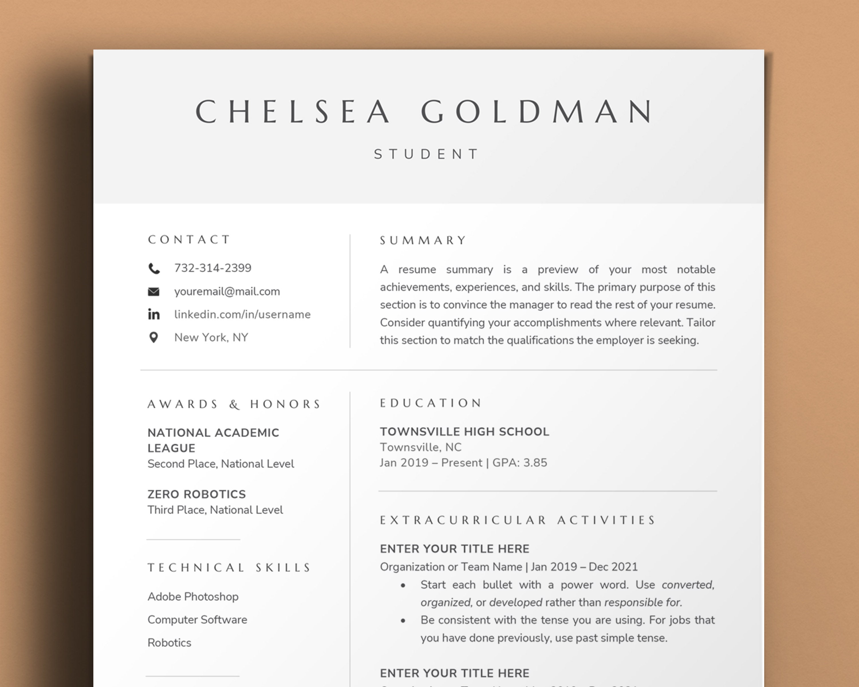 Student Resume Template Google Docs For Internship No Etsy