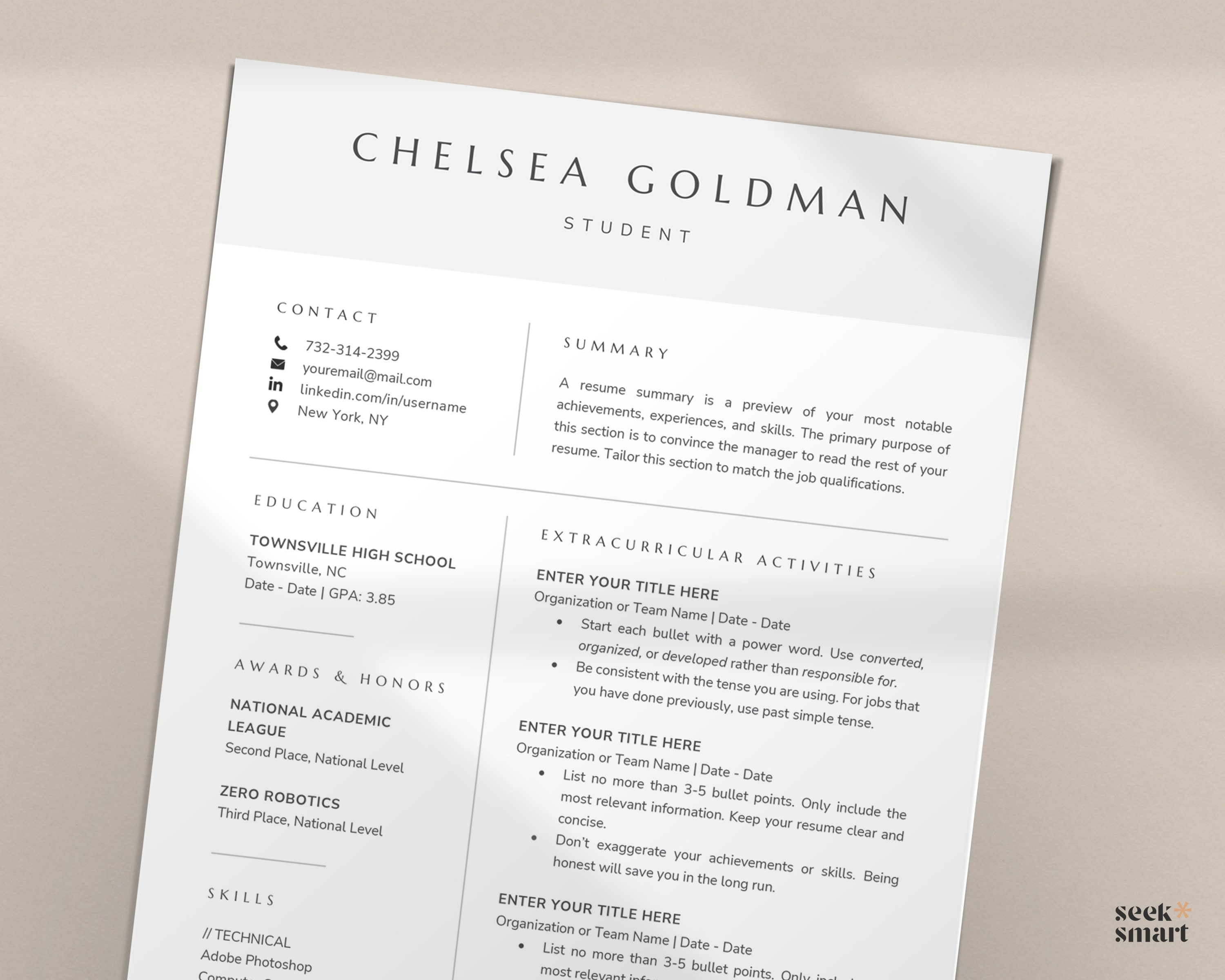 Student Resume Template Google Docs for Internship No - Etsy