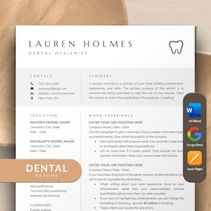 Dental Resume Template for Dental Hygienist, Assistant | Dentist Resume Template Word, Apple Pages Mac, Google Docs 1 2 3 Page CV Template