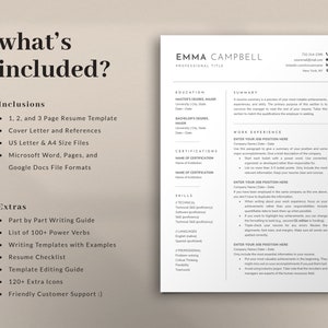 K&ouml;nnte beinhalten: Eine schwarz-wei&szlig;e Lebenslaufvorlage mit dem Text "what's included?" und einer Liste der in der Vorlage enthaltenen Elemente. Die Elemente umfassen eine 1-, 2- und 3-seitige Lebenslaufvorlage, ein Anschreiben und Referenzen, US-Letter- und A4-Dateien, Microsoft Word, Pages und Google Docs-Formate. Die Vorlage enth&auml;lt au&szlig;erdem einen Schritt-f&uuml;r-Schritt-Schreibleitfaden, eine Liste mit &uuml;ber 100 Power-Verben, Schreibvorlagen mit Beispielen, eine Lebenslauf-Checkliste, einen Leitfaden zur Bearbeitung von Vorlagen, &uuml;ber 120 zus&auml;tzliche Symbole und freundlichen Kundensupport.