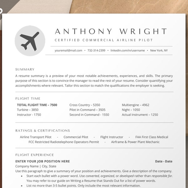 Pilot Resume Template Word, Google Docs, Apple Pages Mac | ATS Friendly Pilot Resume, Pilot CV Template, Aviation Resume, Airline Resume