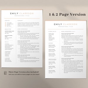 May include: A beige and brown resume template with the text "Emily Clarkson" and "Professional Title" at the top. The resume includes sections for contact information, education, skills, work experience, other skills, awards, and professional development. The text "1 & 2 Page Version" is at the top right corner of the page. The text "Three Page Version also included! and you can add as many pages as you need!" is at the bottom of the page.