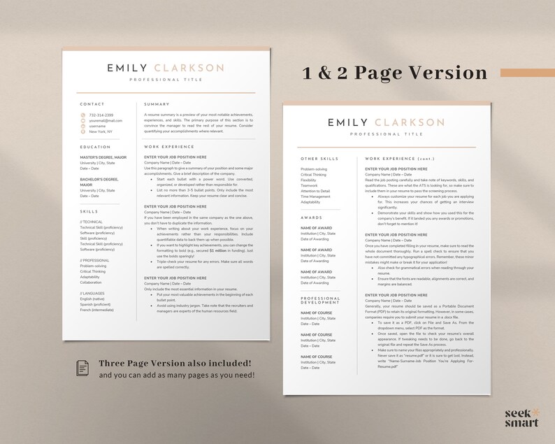 May include: A beige and brown resume template with the text "Emily Clarkson" and "Professional Title" at the top. The resume includes sections for contact information, education, skills, work experience, other skills, awards, and professional development. The text "1 & 2 Page Version" is at the top right corner of the page. The text "Three Page Version also included! and you can add as many pages as you need!" is at the bottom of the page.