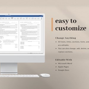 May include: A computer screen displaying a resume template with the name "Duke Harrington" at the top. The text "easy to customize" is displayed on the right side of the screen. The text "Change Anything" and "Editable With" are listed below with bullet points. The bullet points list features of the resume template, such as the ability to change text, titles, sections, fonts, and colors. The template is also editable with Microsoft Word, Apple Pages, and Google Docs.