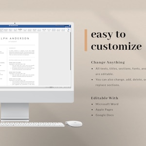 May include: A computer screen displaying a resume template for a student named Ralph Anderson. The template is easy to customize with text, titles, sections, fonts, and colors. It is editable with Microsoft Word, Apple Pages, and Google Docs. The text "easy to customize" is displayed in large font on the right side of the screen.