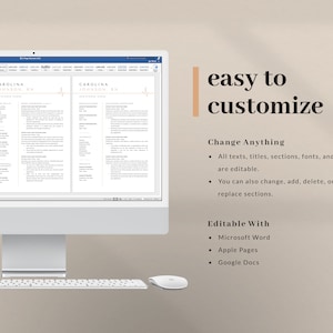 May include: A computer screen displaying a resume template for a registered nurse. The template is customizable and editable in Microsoft Word, Apple Pages, and Google Docs. The text on the screen reads "CAROLINA JOHNSON, RN, REGISTERED NURSE".