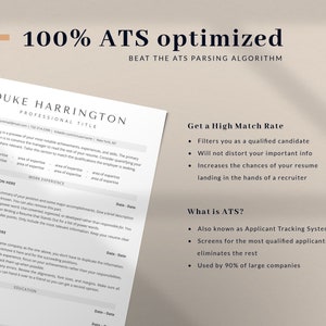 May include: A resume template designed to be 100% ATS optimized, meaning it is formatted to be easily read by Applicant Tracking Systems used by many companies. The template includes sections for work experience, education, and a summary of skills. The text "Get a High Match Rate" and "What is ATS?" are also included.