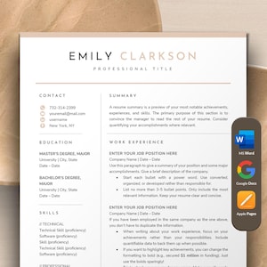 May include: A beige resume template with a professional design. The template includes sections for contact information, summary, education, work experience, and skills. The template is compatible with Microsoft Word, Google Docs, and Apple Pages.