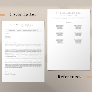 May include: A cover letter and references page for Sarah Anderson, a professional with a professional title. The cover letter is addressed to Mrs. Johnson and includes a salutation, a body, and a closing. The references page lists the names, titles, companies, addresses, phone numbers, and email addresses of Sarah Anderson's references.