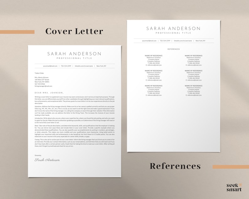 May include: A cover letter and references page for Sarah Anderson, a professional with a professional title. The cover letter is addressed to Mrs. Johnson and includes a salutation, a body, and a closing. The references page lists the names, titles, companies, addresses, phone numbers, and email addresses of Sarah Anderson's references.