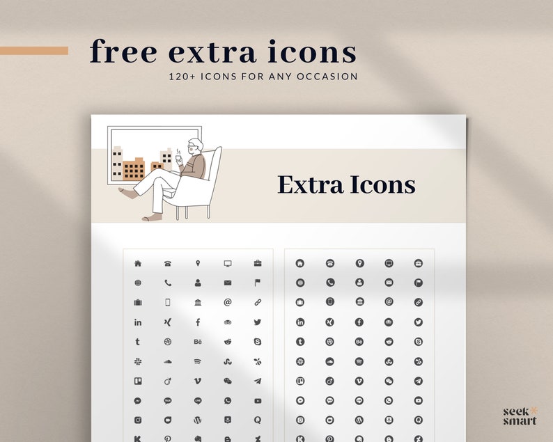 May include: A black and white graphic with over 120 icons for social media, technology, and other common symbols. The text "free extra icons" and "120+ icons for any occasion" is at the top of the graphic. The text "Extra Icons" is in the center of the graphic.