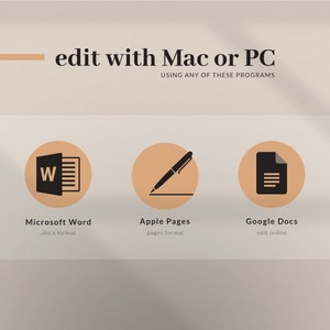 May include: A graphic showing three different programs that can be used to edit documents on a Mac or PC. The programs are Microsoft Word, Apple Pages, and Google Docs. The graphic is in a minimalist style with a beige background and peach-colored circles.