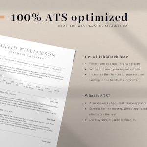 May include: A resume template designed to be 100% ATS optimized, which stands for Applicant Tracking System. The template includes a section for areas of expertise, work experience, and education. The text "Get a High Match Rate" and "What is ATS?" are highlighted in bold. The text "seek smart" is in a blue box with a white star.