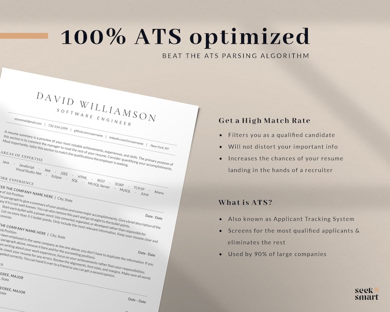 May include: A resume template designed to be 100% ATS optimized, which stands for Applicant Tracking System. The template includes a section for areas of expertise, work experience, and education. The text "Get a High Match Rate" and "What is ATS?" are highlighted in bold. The text "seek smart" is in a blue box with a white star.