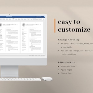 Puede incluir: Una pantalla de ordenador que muestra una plantilla de curr&iacute;culum para un profesional m&eacute;dico. La plantilla es personalizable y editable en Microsoft Word, Apple Pages y Google Docs. El texto en la pantalla dice "f&aacute;cil de personalizar" y "Cambiar cualquier cosa".